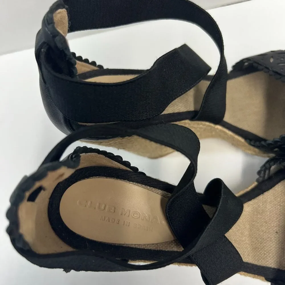 CLUB‎ MONACO Llullo Wedge Sandals Espadrilles Size 40 Black Leather NWOB